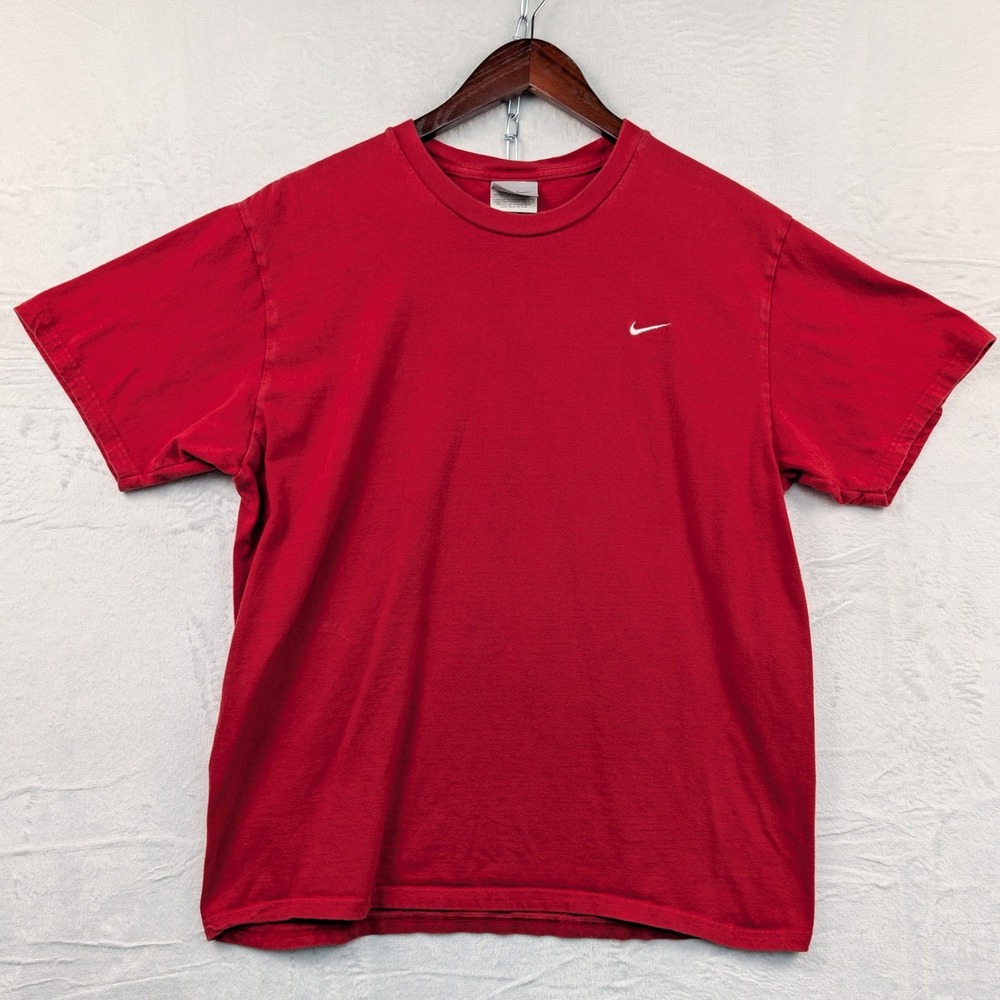 VTG Nike T-Shirt Men's Large Red Mini Side Swoosh White Minimalist Sporty Y2K